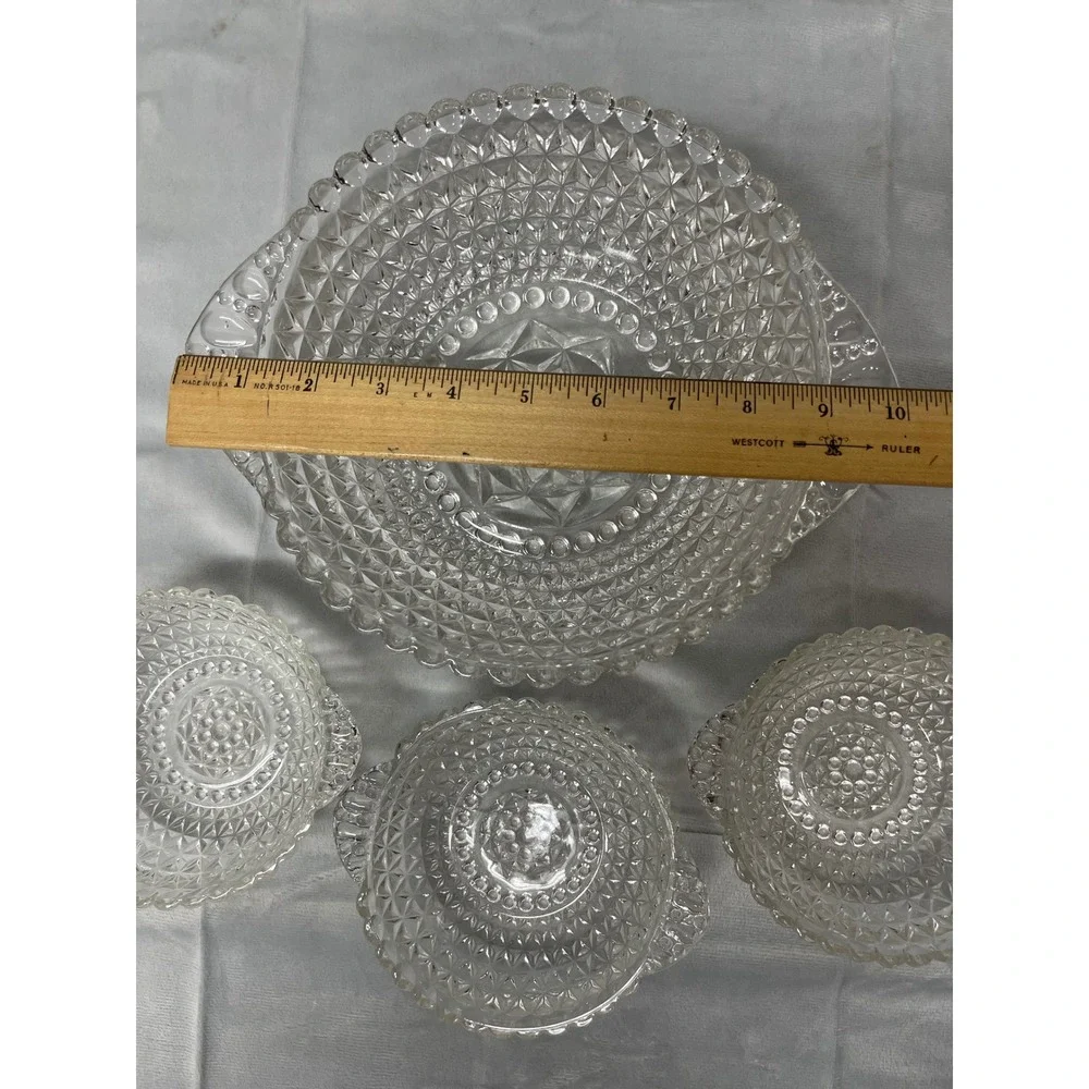 Imperial Glass Cape Cod Clear Diamond Point Handled Serving Bowl & 3 Berry Bowls